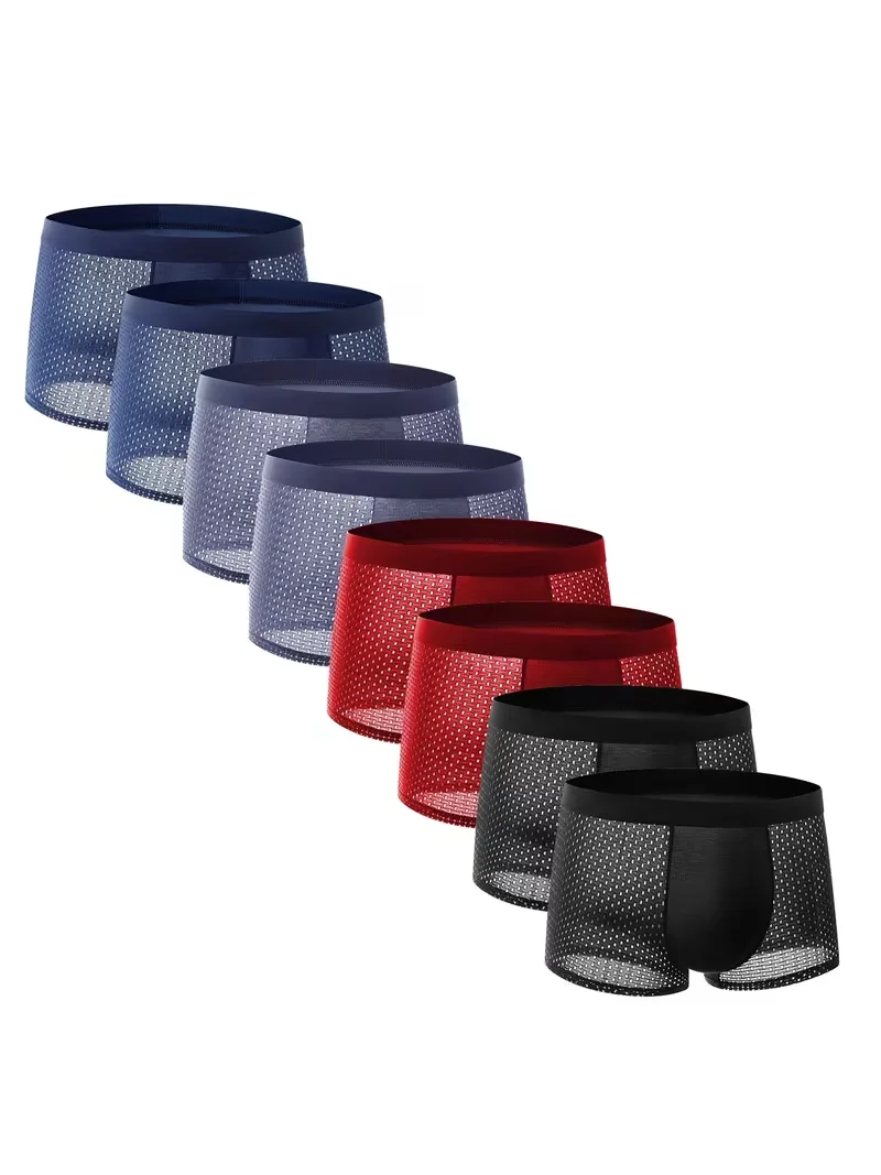 

8 шт./лот Мужское нижнее белье: трусы-боксеры из ледяного шелка, сетчатые, больших размеров, летние, сексуальные, дышащие, для веса 40-100 кг