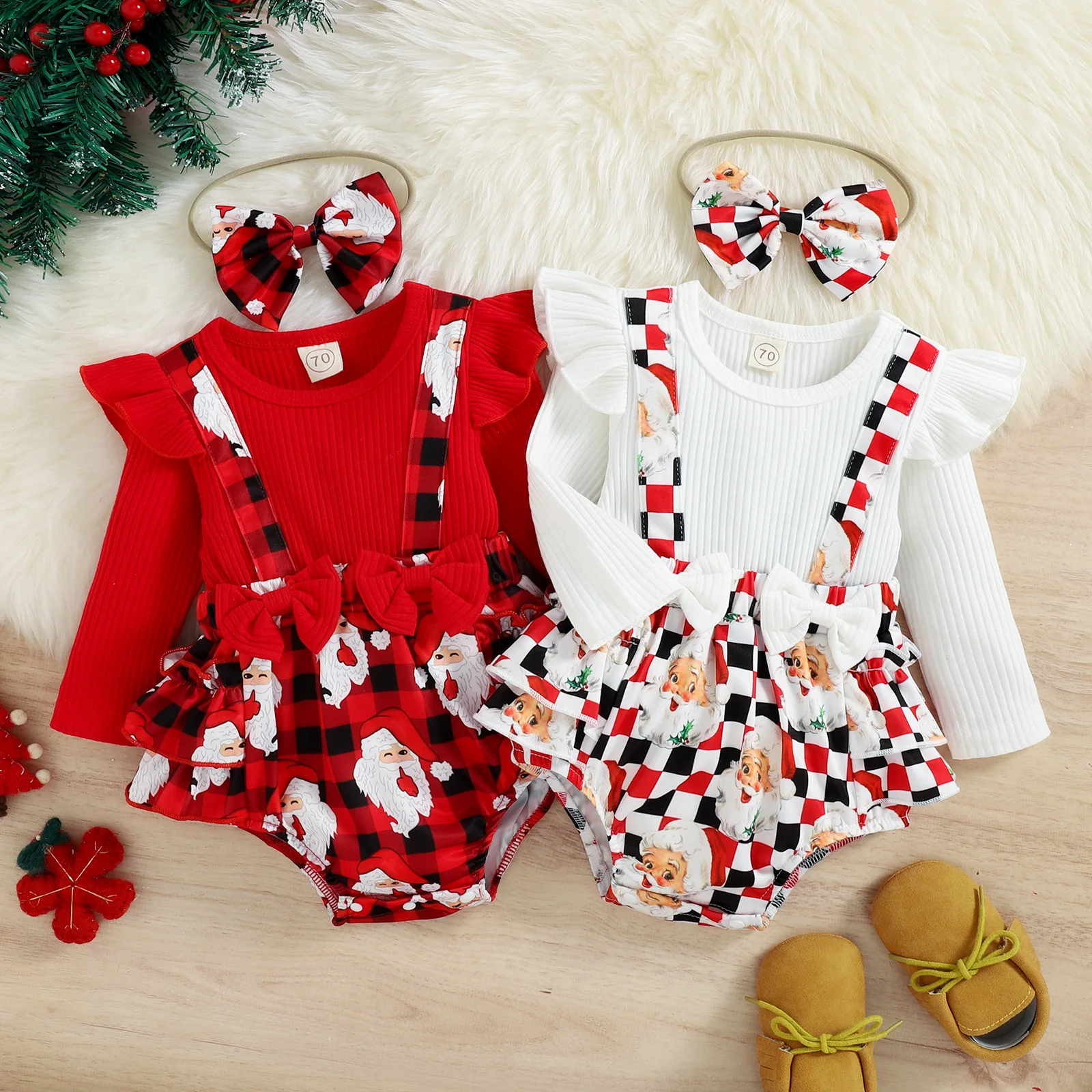 

Children Christmas Clothing Baby European and American Autumn and Winter Rompers Cotton Long Sleeved Suspender Plaid Skirt