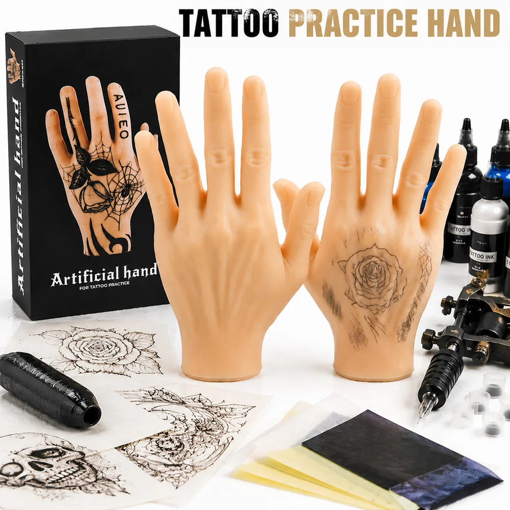 Tattoo Practice Hand Soft Silicone Realistic Fake Hand Model for Tattoo Training Beginner and Artists Reusable Dummy Hand Supply