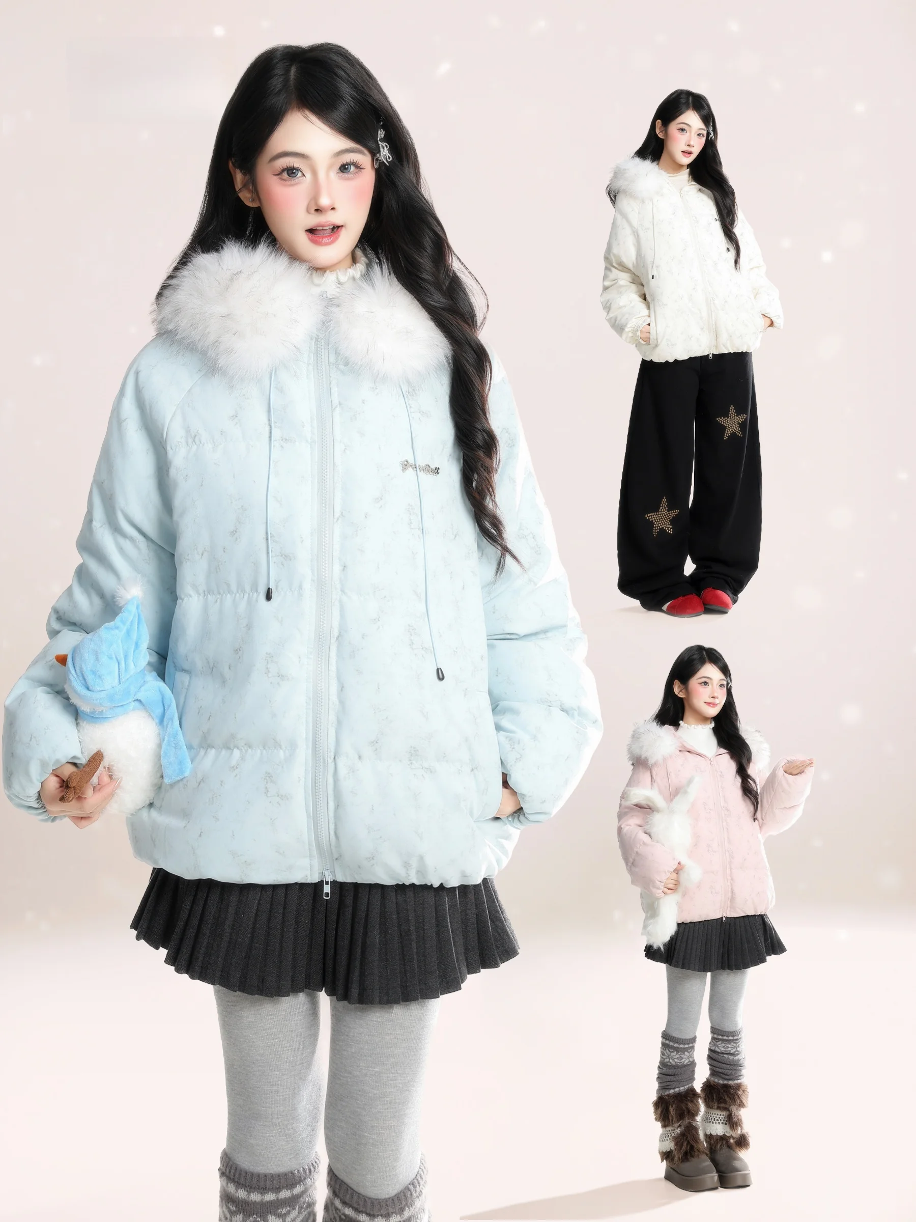 

HM American Retro White Du down Hooded Jaet Women's Winter Thiened Dyeing Trendy Outerwear Warm Elastic Seal Design