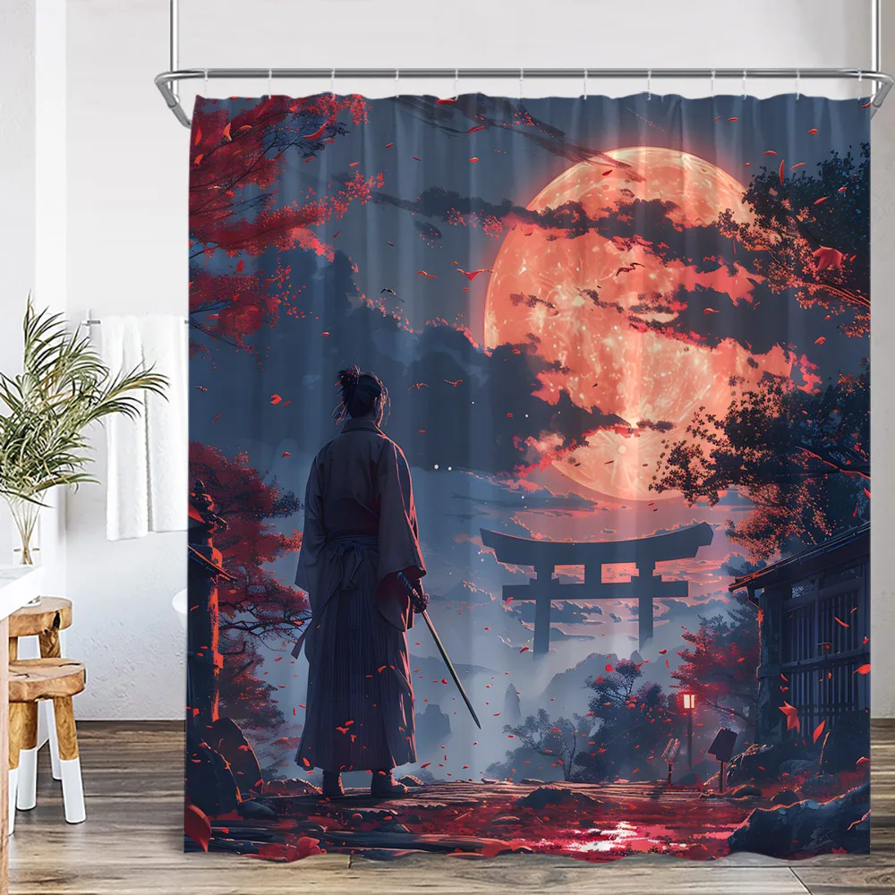 Japanese Warrior Samurai Shower Curtain Japan Shrine Red Full Moon Cherry Blossom Bathtub Decor Polyester Bath Curtain with Hook