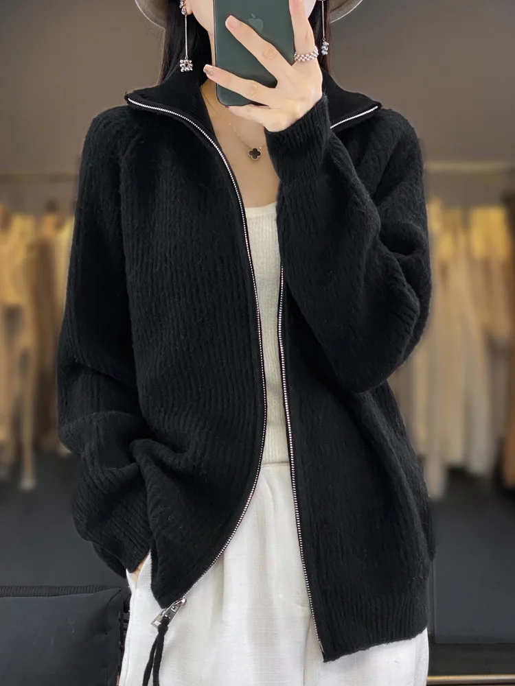 2024 Women Knitted Zipper Cardigan Turn-Down Collar 100% Pure Wool Tops Fashion Outwear Coat Sweater New Spring Autumn Winter