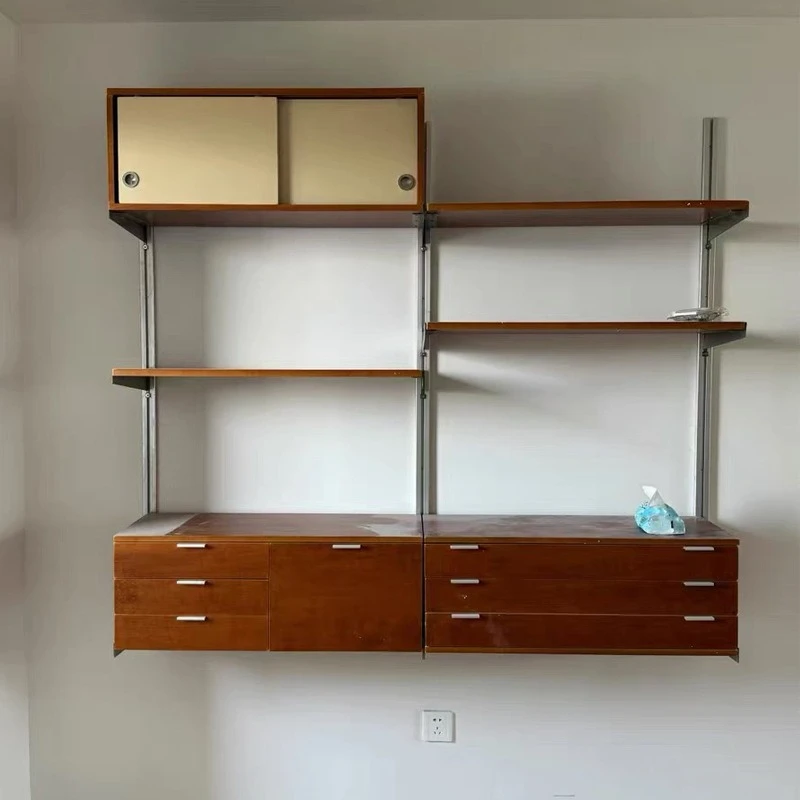 

Medieval style wall hanging system rack baffle open small apartment living room wall storage retro multi-layer bookshelf