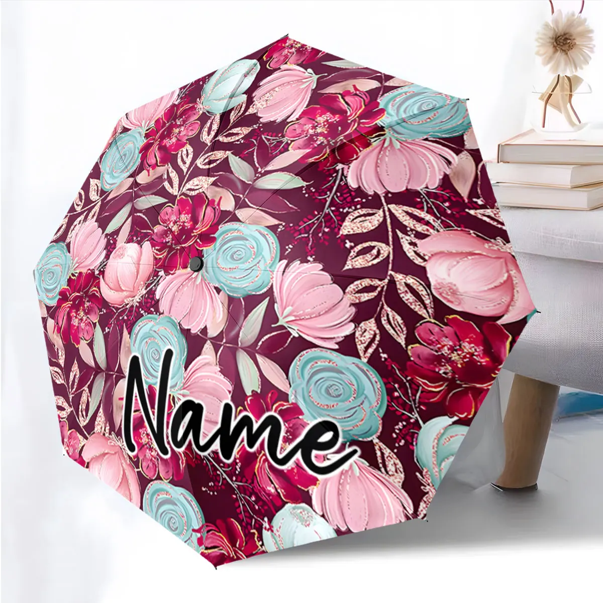 Custom Name Floral Pattern Umbrella with Elegant Design Print 8 Iron Ribs Folding Umbrella, Auto-Open Fashion Sunshade