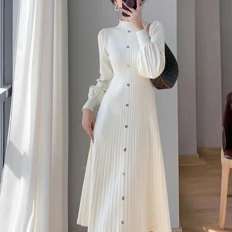 Outono inverno feminino elegante meia gola alta camisola vestido vintage camada interna comprimento médio malha vestidos de manga longa