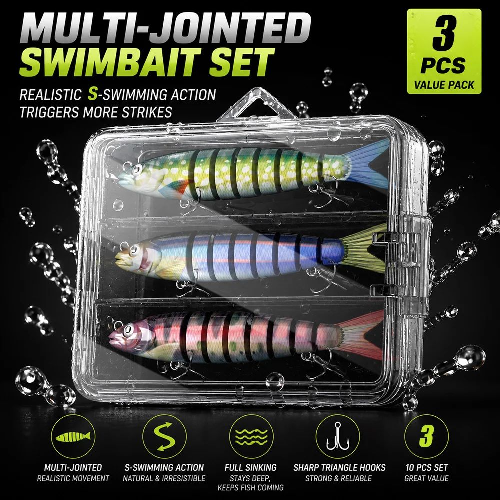 Fishing Lures 3 Pcs Multi Jointed Swimbaits Slow Sinking Bionic Design for Bass Trout Freshwater Saltwater Swimmers Tackle
