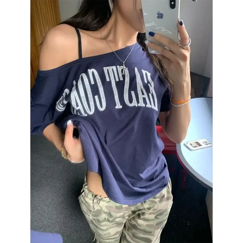 تي شيرت نسائي صيفي ملون من القطن المطاطي على الطراز الأمريكي بقصة ضيقة وأكتاف علوية عتيقة وأكمام قصيرة باللون الأزرق #3