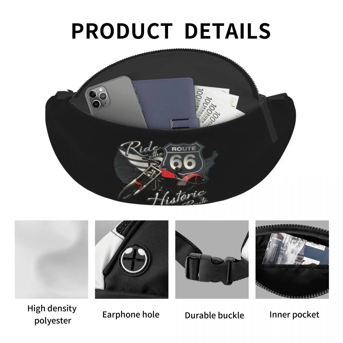 Reizen Motorrit Route 66 Fanny Pack Vrouwen Casual Ons Genummerd Snelwegen Crossbody Heuptas Voor Reizende Telefoon Geld Zakje