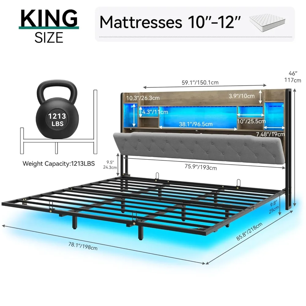 LED King Size Floating Bed Frame, Upholstered Platform, Headboard Storage and Charging Station, No Box Spring Needed