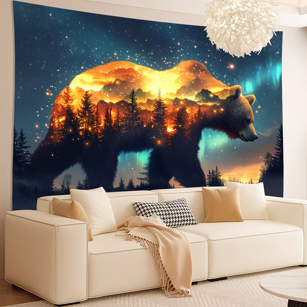 Mystical Bear Wall Hanging, Double Exposure Bear with Northern Lights and Pine Trees, Perfect for Creating a Magical Home Vibe