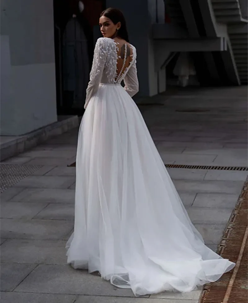 Vintage Elegant A Line Lace Decal Long Sleeve Tulle Wedding Dress Sexy Transparent V-neck Backless Bride Dress Customized 2025