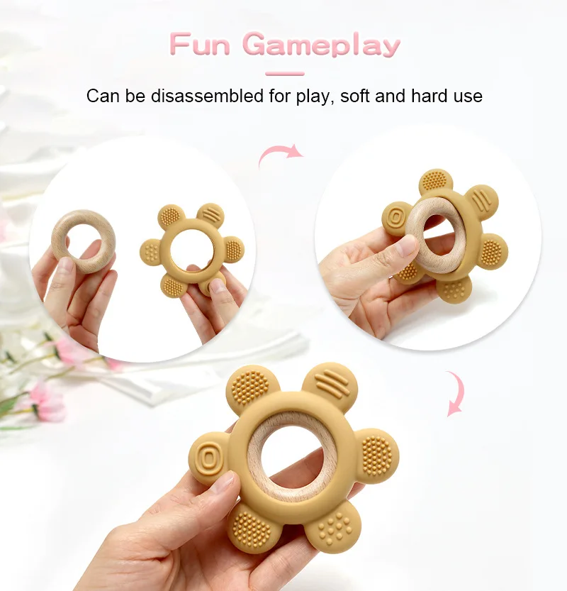 Baby Silicone Teether Rudder Shape Wooden Teether Ring Newborn Silicone Molar Chewing Toys Baby Shower Teeth Nursing Gifts