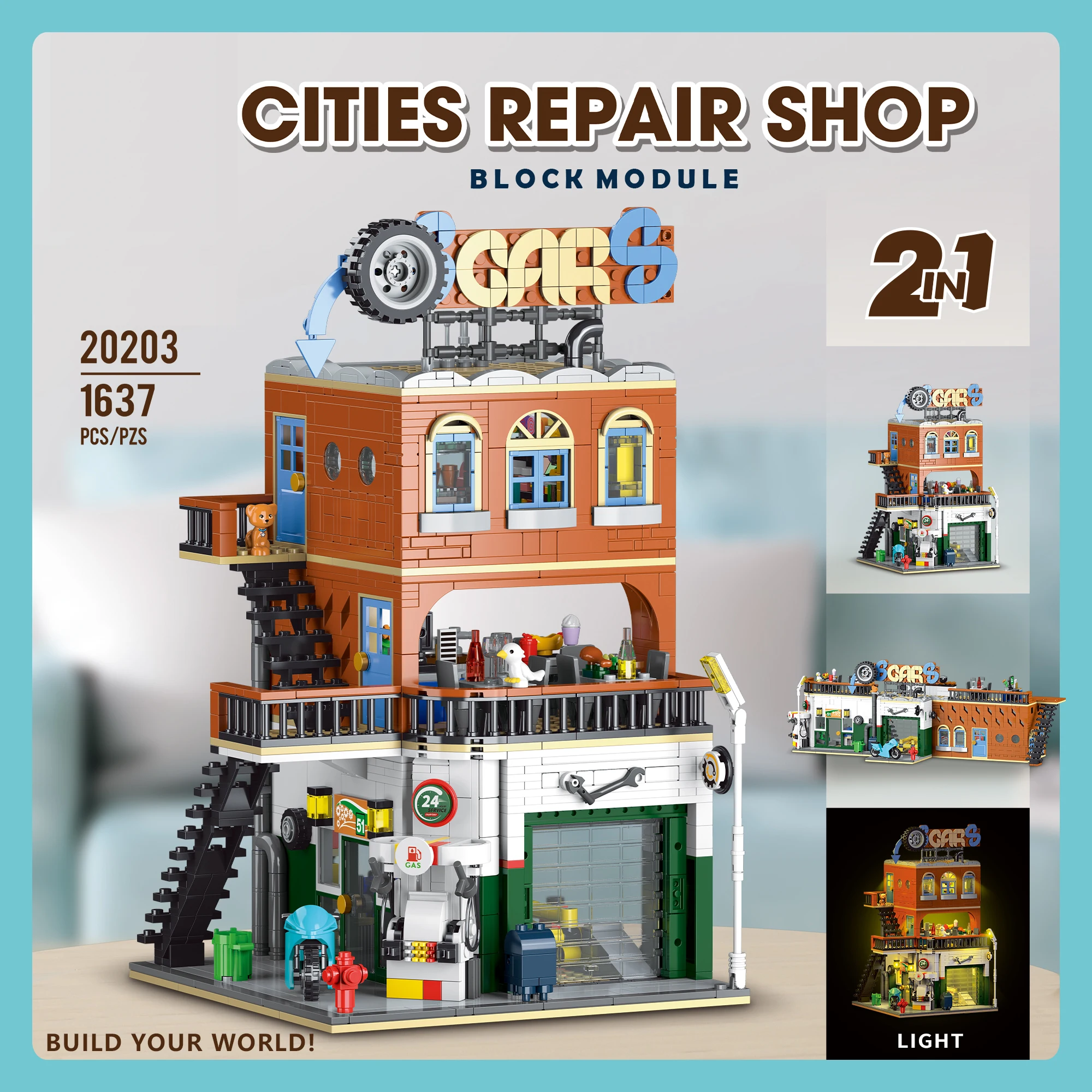 

City Architecture Car Repair Shop Building Block Set, MOC Modern House Street View Model, With Lights, Kids Adults Toys Gifts