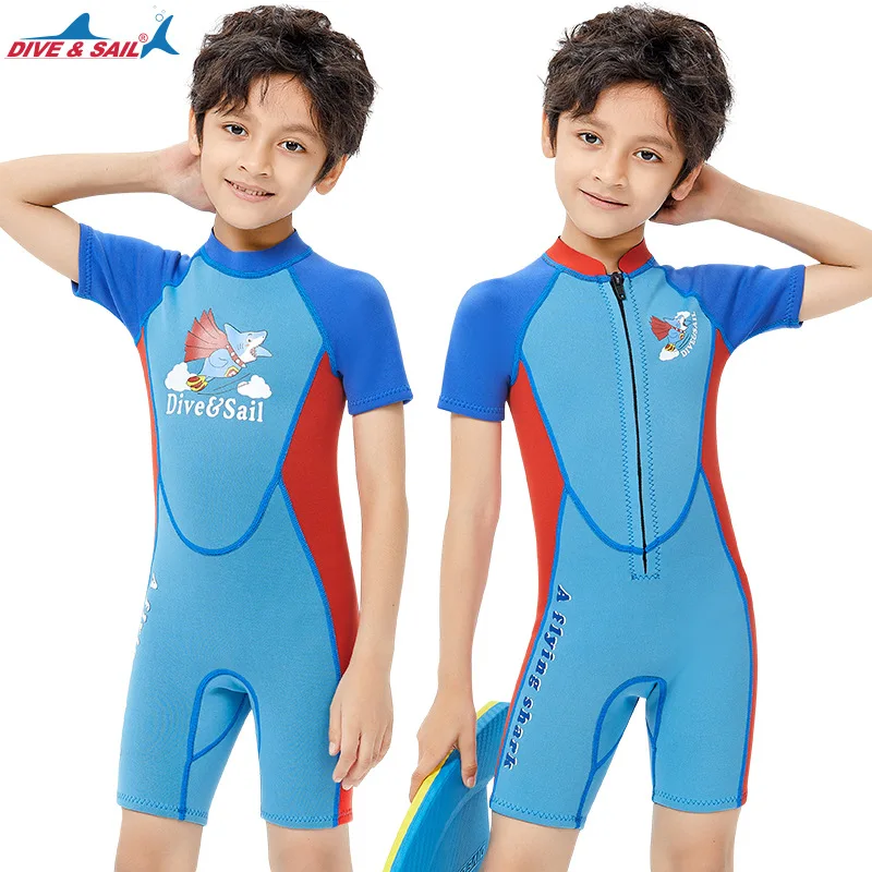 New 2.5mm Neoprene Kids Swimwear Boys Short Sleeve Swimsuit One Piece UPF50+ Rash Guard Youth Swimwear Children Surf Suit