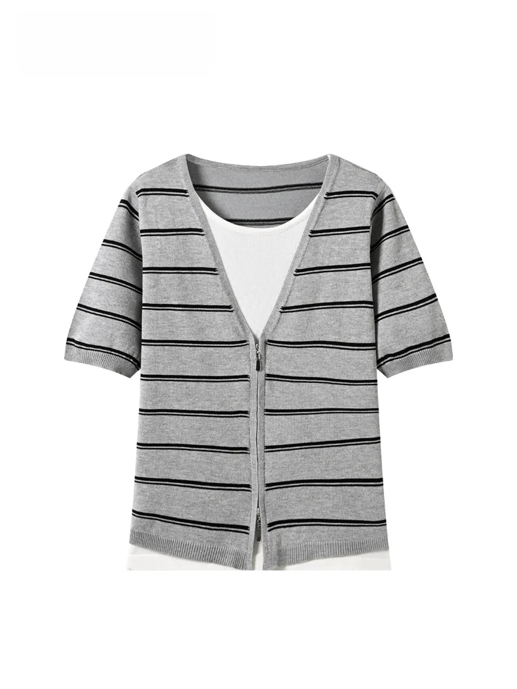 

Summer New plus Size Women's T-shirt Short Sleeve Striped Design Casual Style Fake Two-Piece Shoulder Width Regular Length