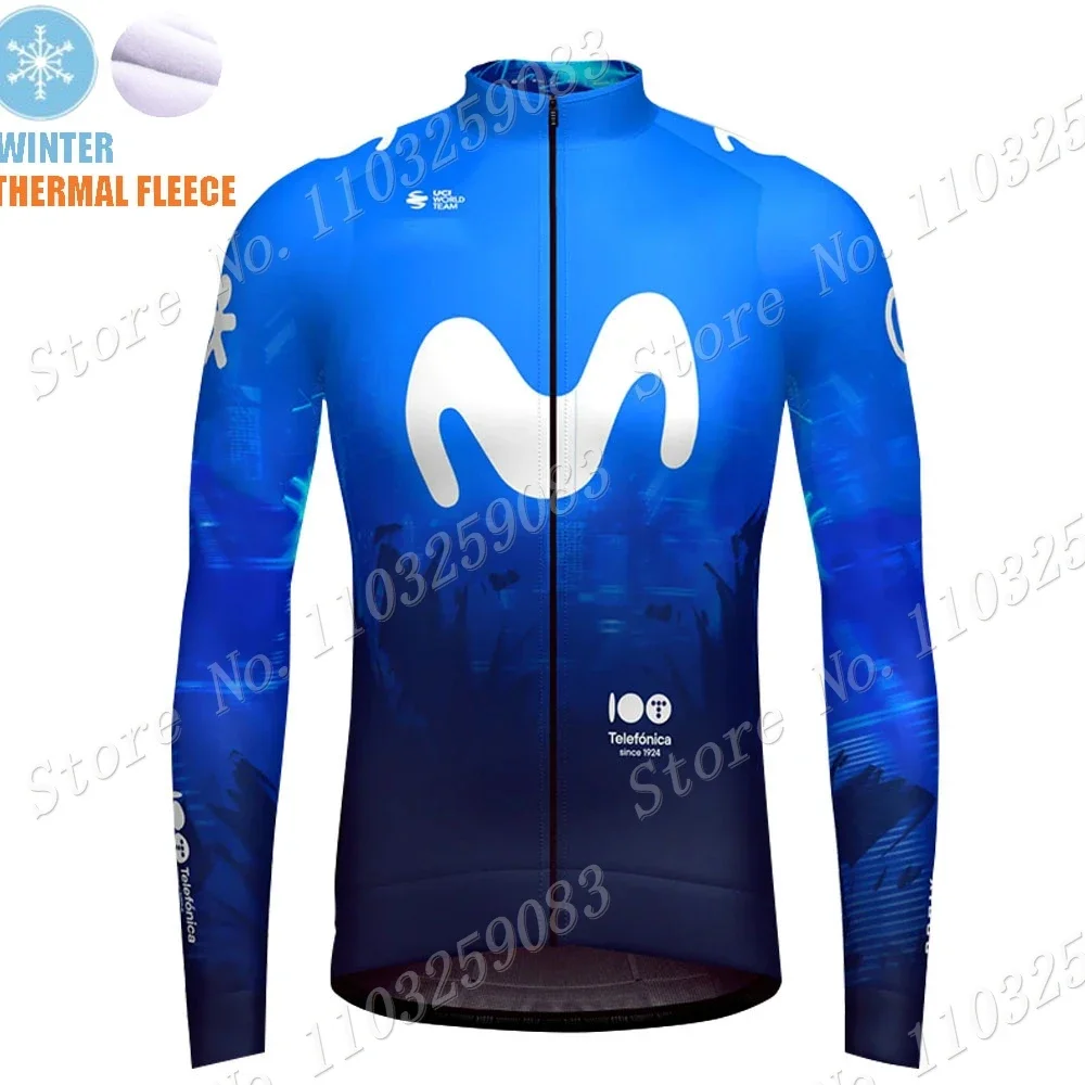 Winter M Cycling Jersey Pro Team 2024 Set Thermal Fleece Blue Spain Clothing Long Sleeve Road Pants Bib Bike Suit MTB Maillot