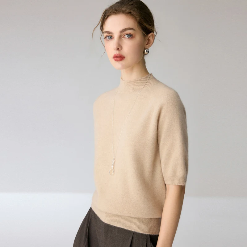 Womens 100% Percent Cashmere Pullover  Neck Hair Knitwear Winter Autumn Tunic Half Sleeve Classic Top  Elegant women's clothing.
