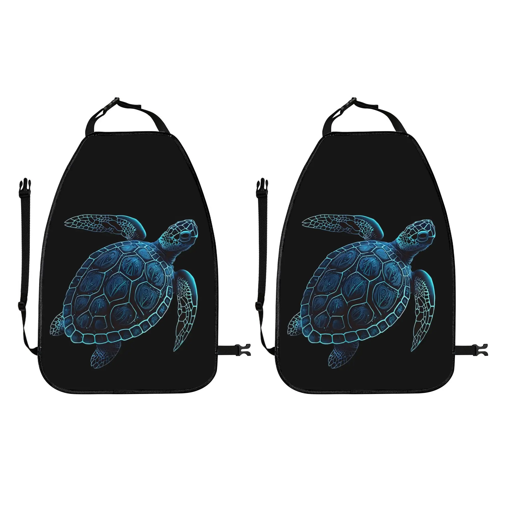 2D Flat 2pcs Blue Deepwater Turtle Car Seat Backrest Storage Bag - Adjustable, Multifunctional, Anti-Kick Polyester Storage Bag.