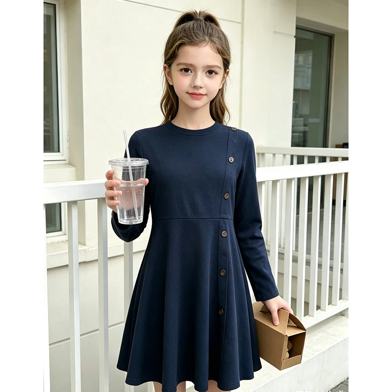 Girls 8-12 Navy Fit & Flare Dress, Front Button Trim & Plain Back, Casual Daily Dress