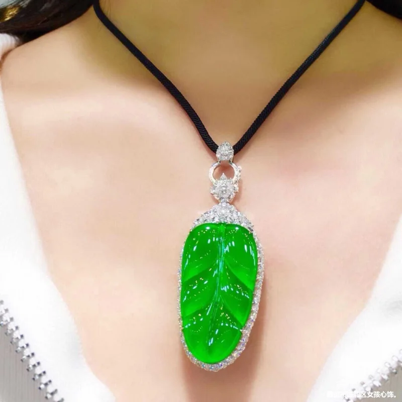Inlaid with ice-green tree , full-color natural Burmese leaf , gift jadeite pendant for women