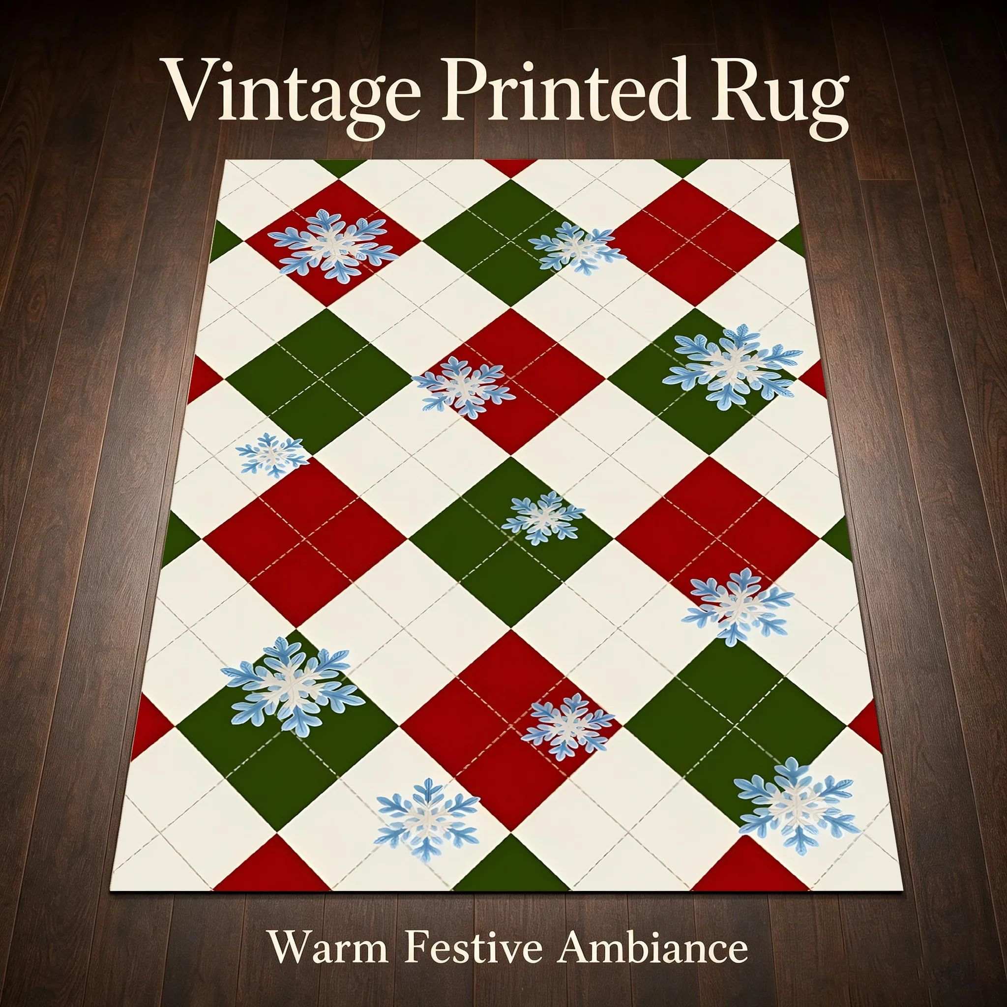 Retro-Style Christmas Carpet with Red, White, and Green Diamond Snowflake Pattern, Perfect for the Living Room, Bedroom, and Entryway, Creating a Warm Autumn/Winter Atmosphere