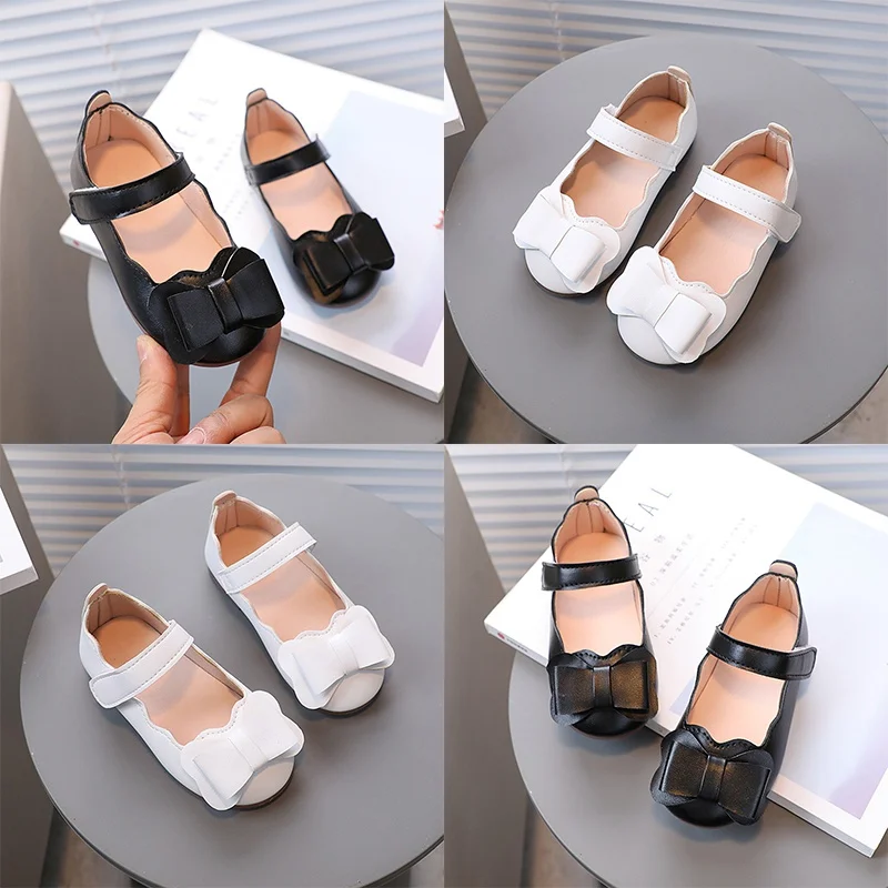 High-Quality Princess Shoes Spring Autumn Black White Leather Shoes Soft Bottom Non-Slip Bowknot Bowtie Cute Children Flat Shoe