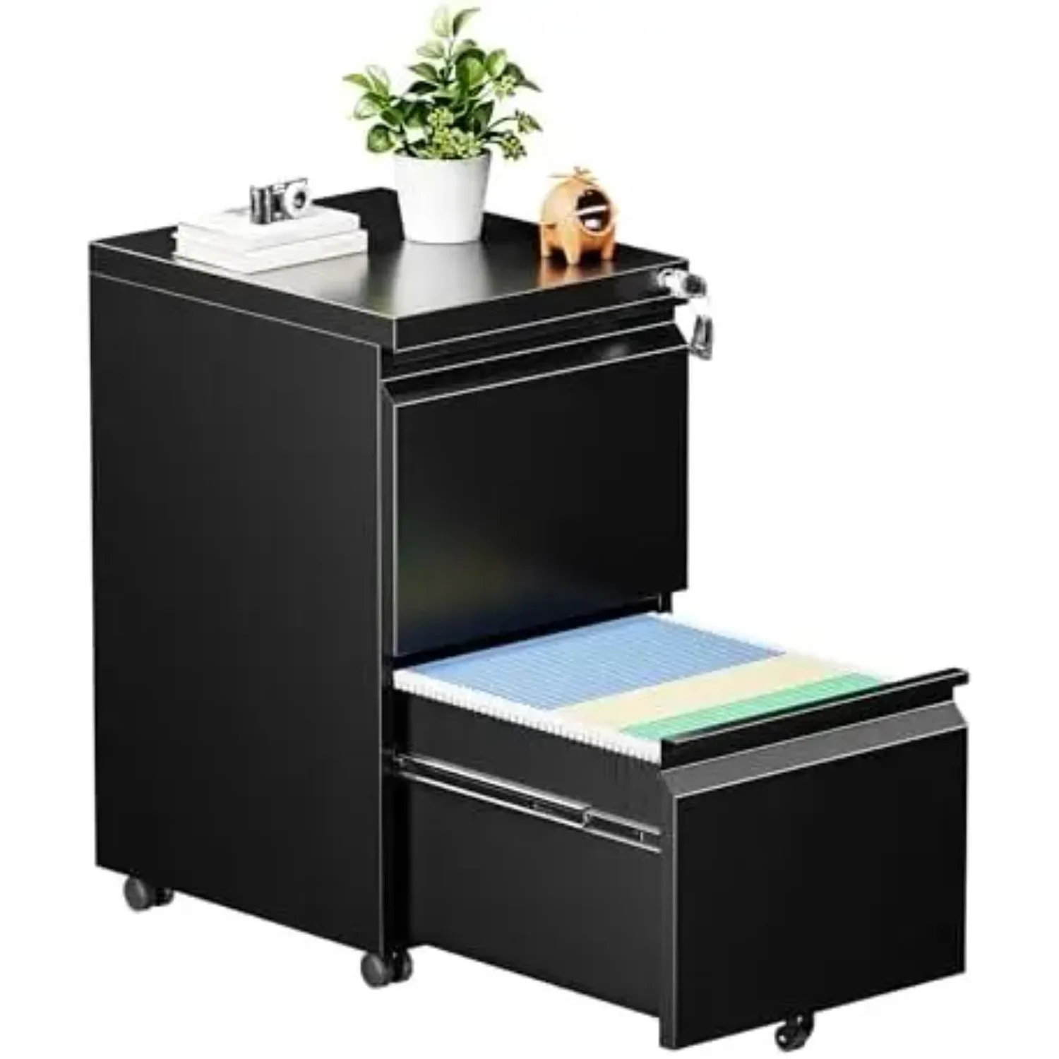 2 Drawer Mobile File Cabinet with Lock, Fully Assembled Except Casters, Under Desk Metal Filing Cabinet for Home Office