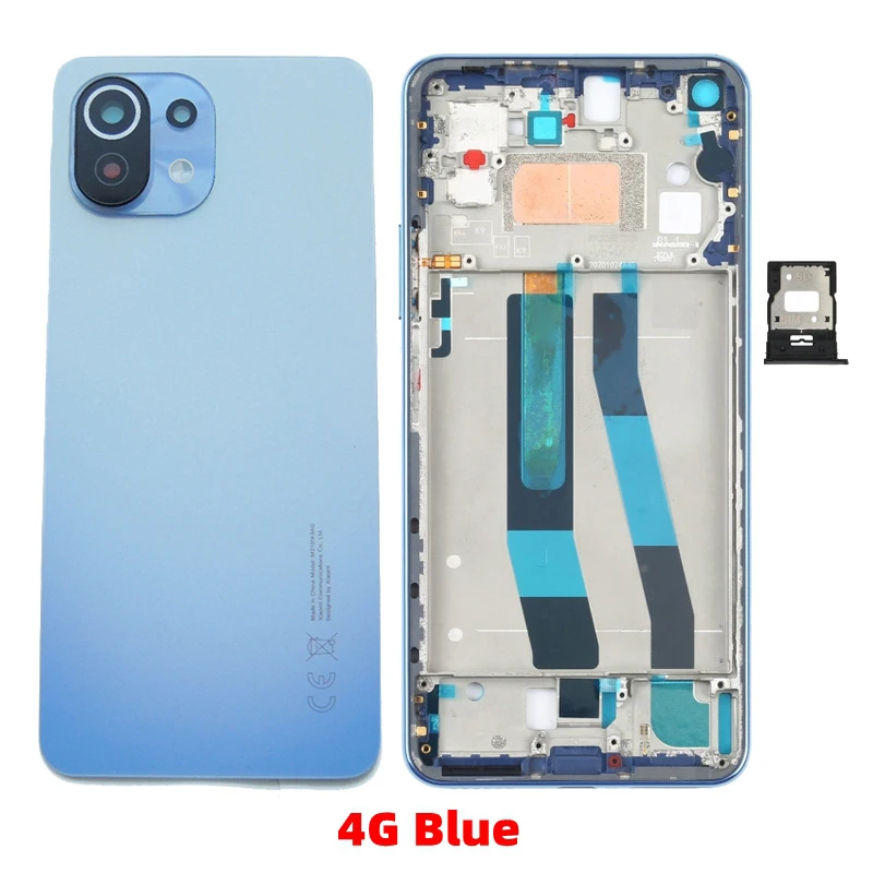 For Xiaomi 11 Lite, Mi11 Lite 5G NE Back Cover + LCD Front Frame + Volume Button + Camera Glass Lens + Sim Tray Parts