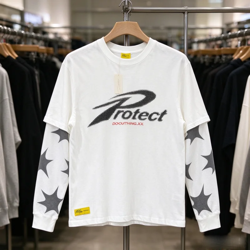 Fake Two Pieces Protect Star Print Long Sleeve T-shirt Men Women Waffle Sleeve T Shirt Loose Casual Street Tops Tee Yellow Tag