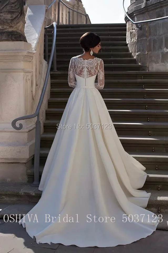 Vestido de novia plisado de satén, prenda cómoda de manga larga con encaje, escote Corazón, cremallera en la espalda, longitud hasta el suelo, 2021