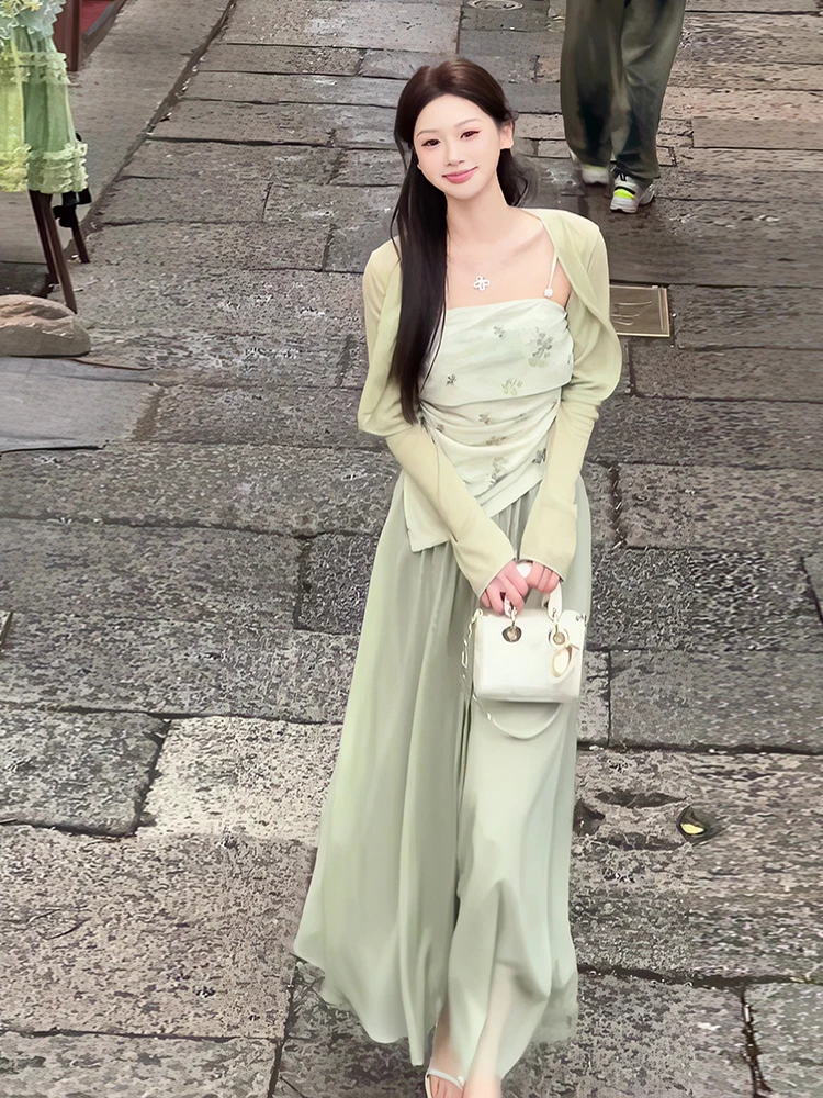 

New Chinese Design Summer Short Sleeve Sun Protection Cardigan Tube Top Skirt Three Piece Set Women's Fashion Ensemble