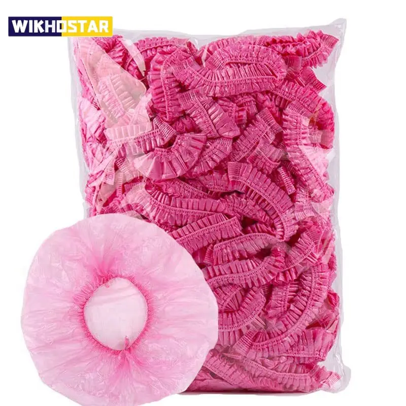 WIKHOSTAR 100pcs Disposable Shower Cap Plastic Waterproof Shower Hat Hotel Elastic Shower Cap Home Bathroom Products