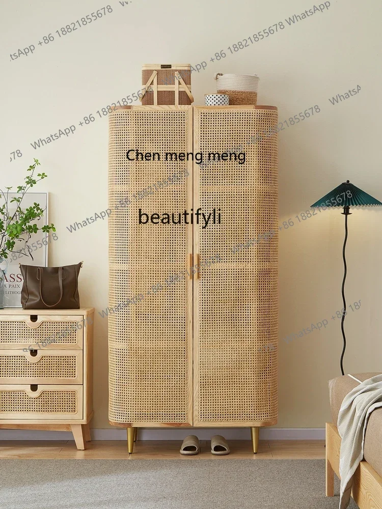 

X Japanese-Style Solid Wood Wardrobe Log Two-Door Small Closet Household Bedroom Rattan Cabinet Door