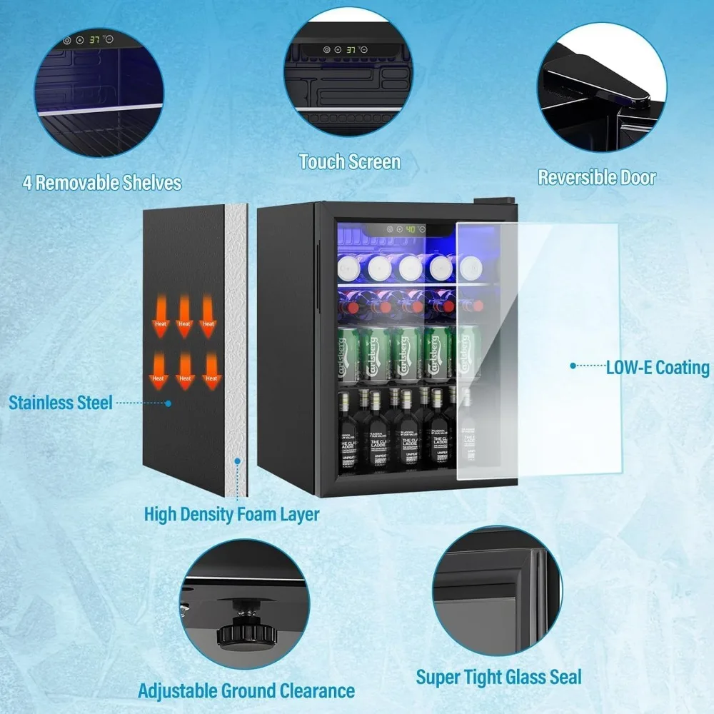 Compact Beverage Refrigerator, 95 Can/2.6 Cubic Feet Fridge with Glass Front Door for Soda, Beer or Wine, Under Counter Small Re