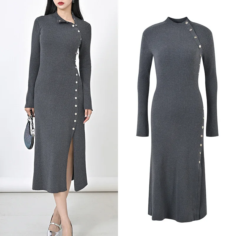 French style niche long sleeved waist bag button up dress for autumn and winter, paired with a coat and a slim fit over the knee