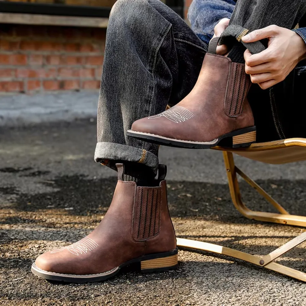 Men's Wide Toe Cowboy Boots Slip On Western Style Outdoor Boots Durable Comfor Leather Ankle Boots Fashion Retro Shoes for Men