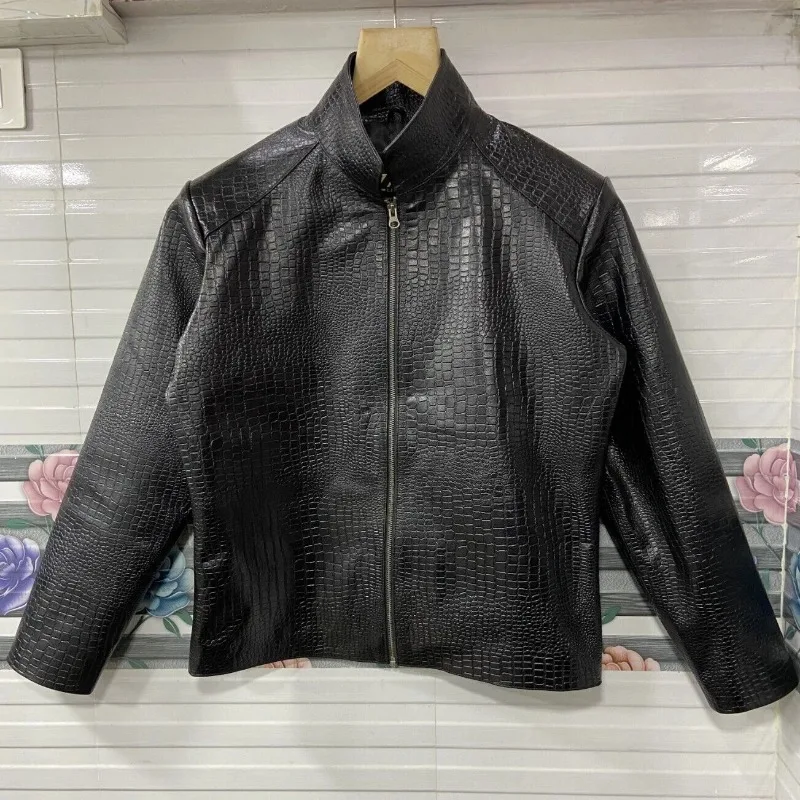 

Men Black Real Leather Jacket Crocodile Embossed Biker Motorcycle Vintage Coat