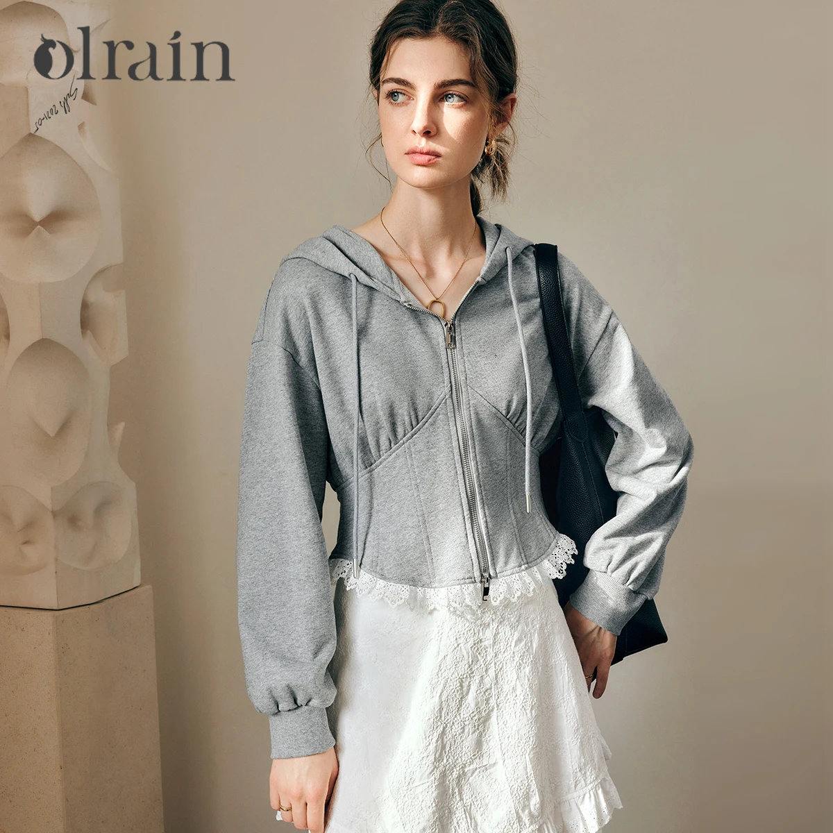 OLrain Versatile Drawstring Hooded Jackets Women's Spring 2026 New 100% Cotton Casual Lace Spliced Hem Sporty Coats O57QW96123