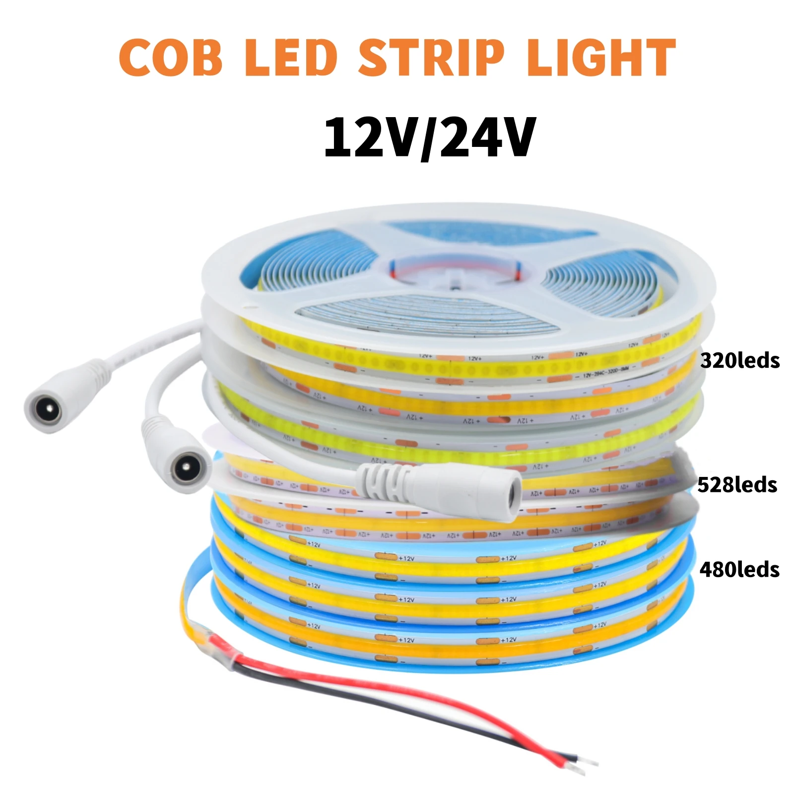 COB LED Strip Lights 320 480 528LEDs/m High Density Flexible Tape Ribbon 3000K 4000K 6500K White DC12V/24V RA90 Linear Dimmable