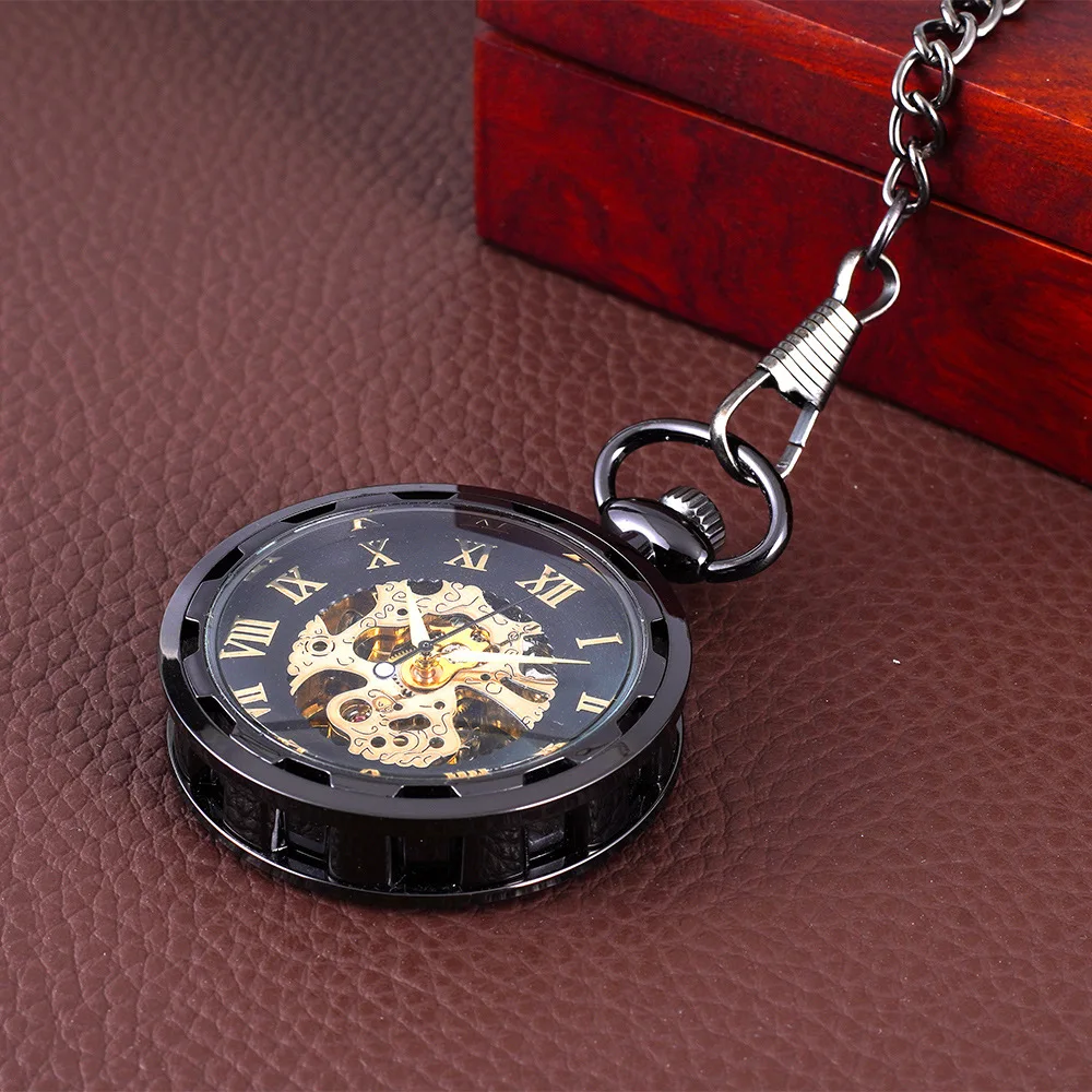 Reloj de bolsillo mecánico redondo de lujo para hombres y mujeres, esfera de números romanos transparentes, cadena Fob negra, reloj colgante para colección