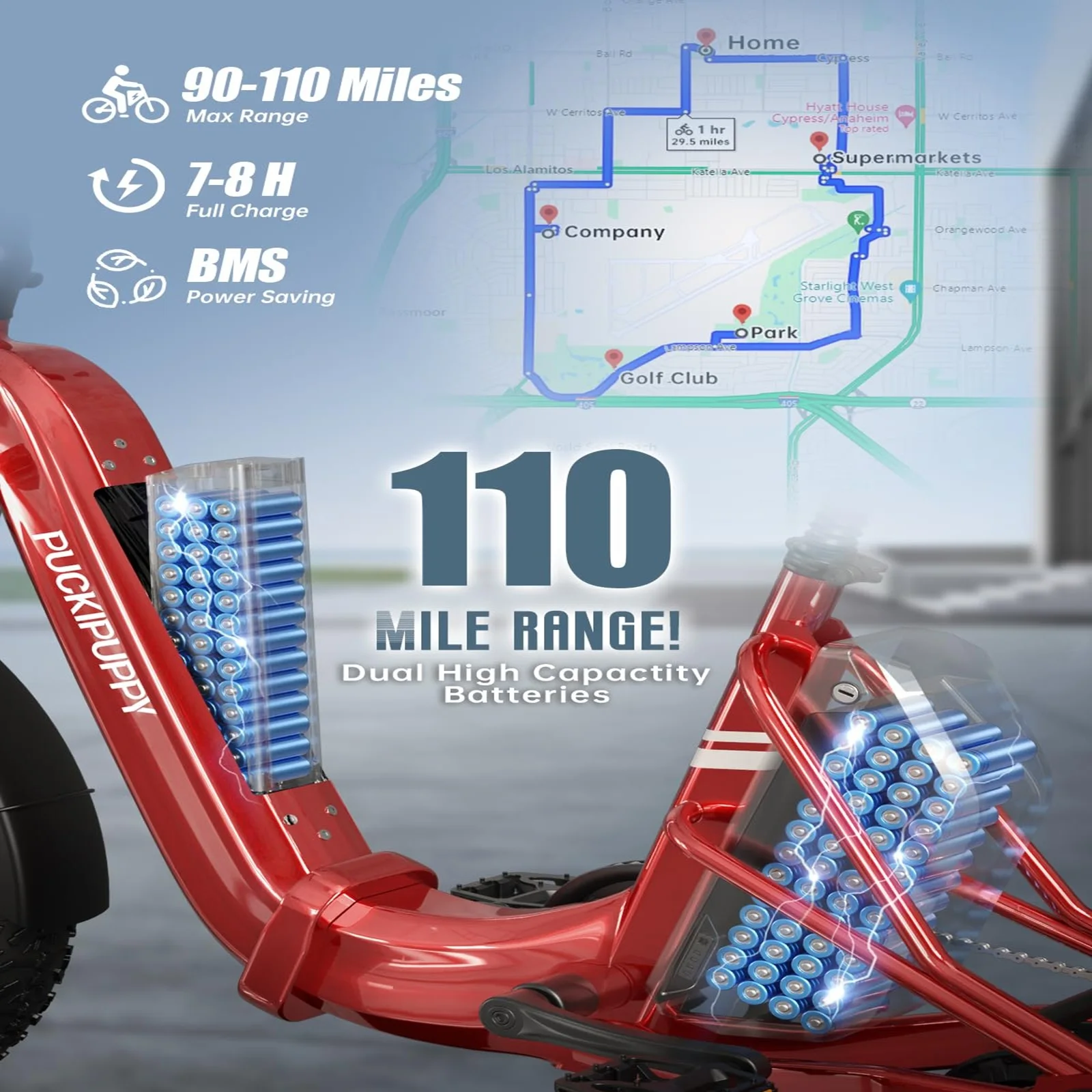 성인용 PUCKIPUPPY 전기 삼륜차, 주행거리 110마일, 48V/15&17.4Ah 탈착식 배터리, 500파운드 적재 가능, 20인치 광폭 타이어 전기 삼륜차