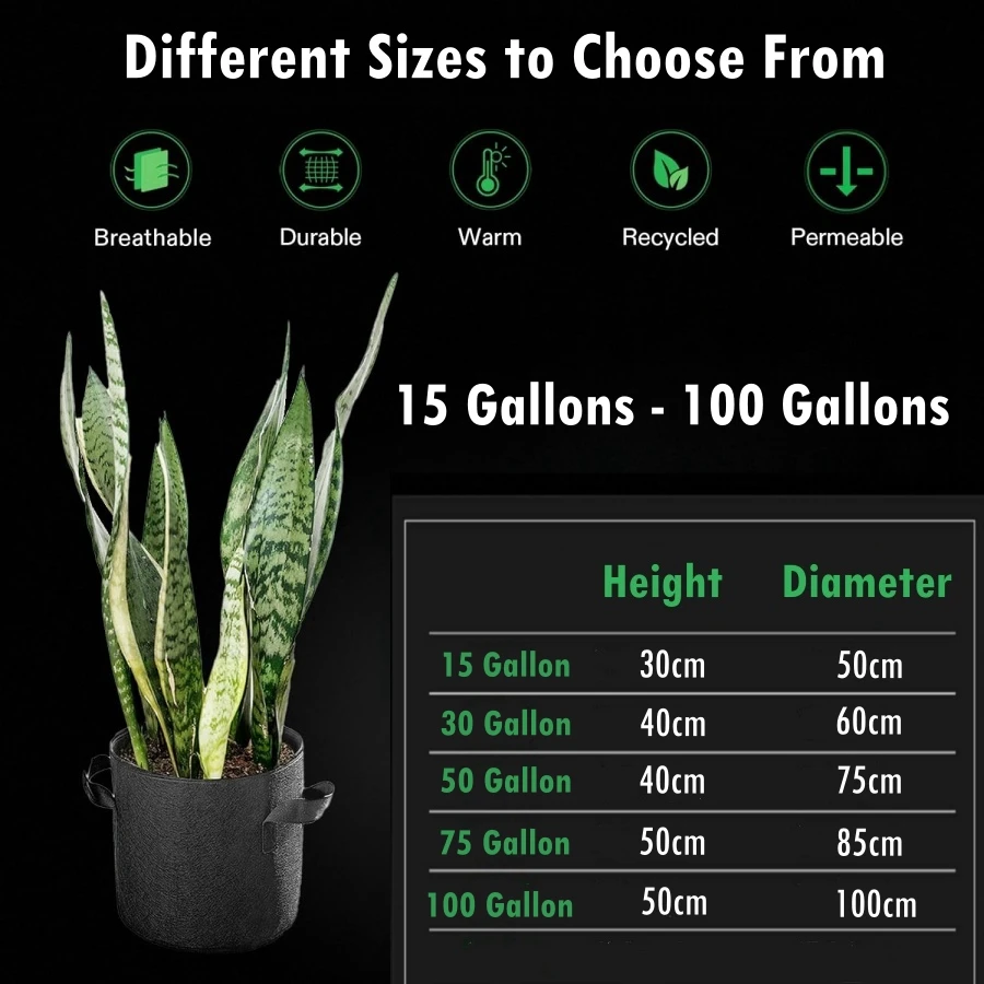 30-100 Gallon Large Nonwoven Plant Grow Bag with Handles Heavy Duty Fabric Plant Pots Container