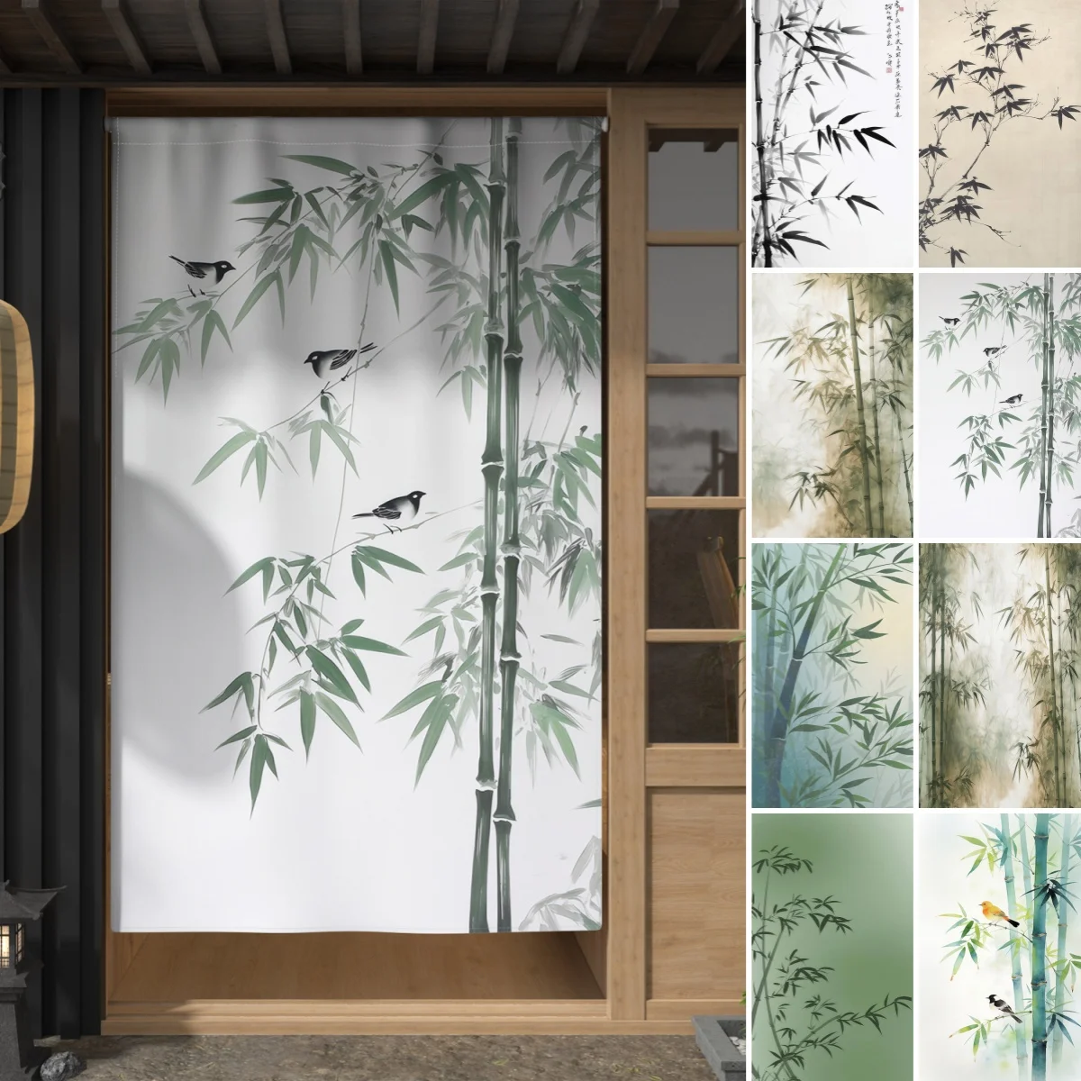 Chinese Ink Wash Bamboo Bird Linen Door Curtain Elegant Zen Style Decor for Tea Room Study Japanese Home Wall Decor Room Divider