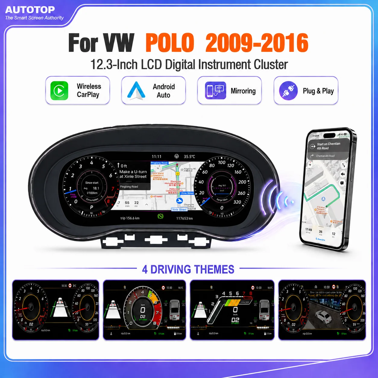 AUTOTOP Tableau de bord numérique 10,25 pouces pour Volkswagen VW POLO 2009-2016, tableau de bord virtuel LCD avec CarPlay sans fil, Android Auto, AirPlay, AutoLink, affichage de navigation GPS, style OEM Plug and Play, assistance à la pression des pneus, CC, ACC, assistance à la vitesse.