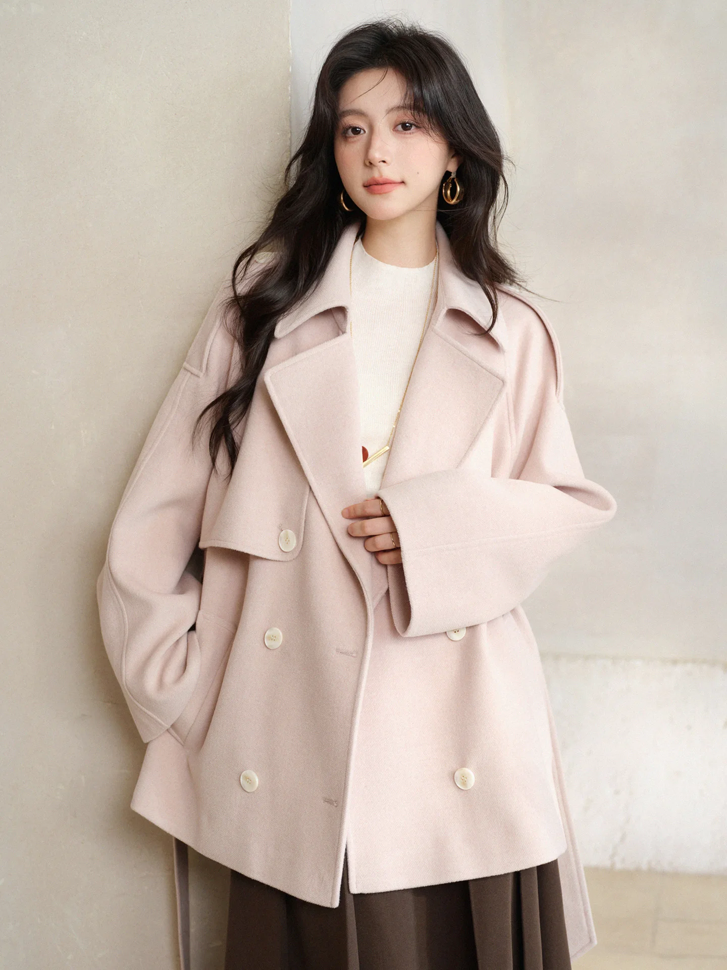 Elegant Short Wool-like Coat Women Lady Belted Winter Outerwear Jacket Lapel Design Slim Waist Silhouette for Daily Chic Styling
