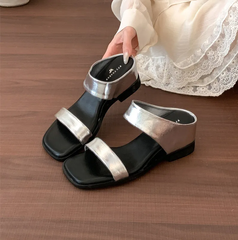 

Women's Slippers Temperament Square Head Slope Heel Cool Slippers Summer Holiday Beach Slippers Thick-soled Womens One-word Drag