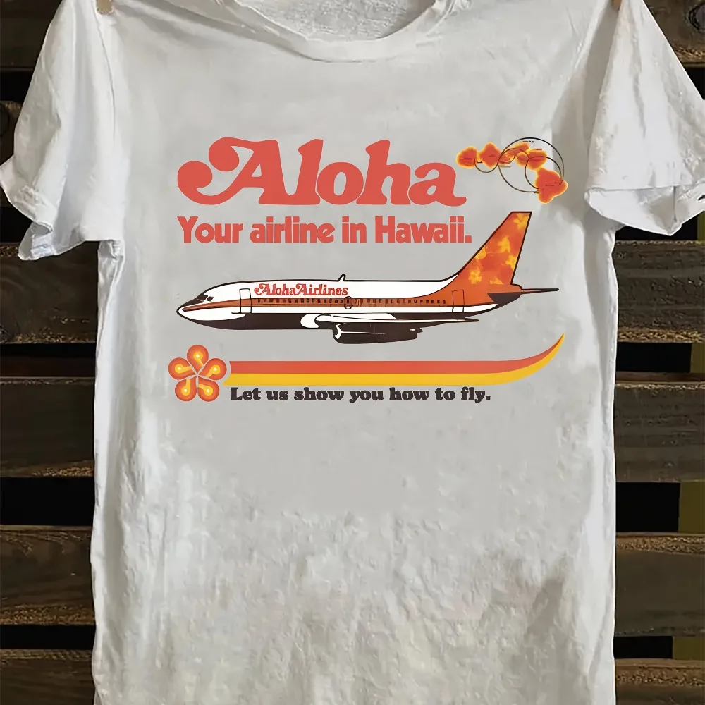 

Men's Aloha Airline Hawaiian T-Shirt "Aloha, Your Airline in Hawaii. Let Us Show You How to Fly." Casual Crew Neck Tee