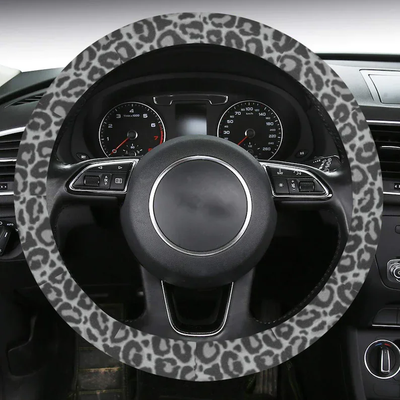 

Leopard Steering Wheel Cover with Anti-Slip Insert, Grey Animal Print Car Auto Wrap Protector Accessories