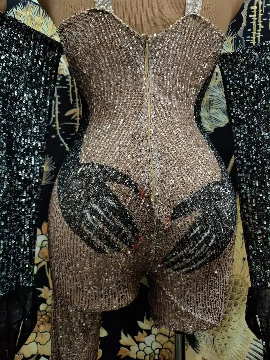 Women Sparkly Sleeveless Bodysuits Black Gloves Sexy Design Drag Queen Costume Dancer Singer Stage Wear