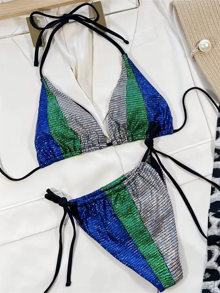 

Halter String Extrem Bikini Y2K Shining Swimsuit Patchwork Punk Backless Triangle Beach Tangas Women Push Up Bathing Suits